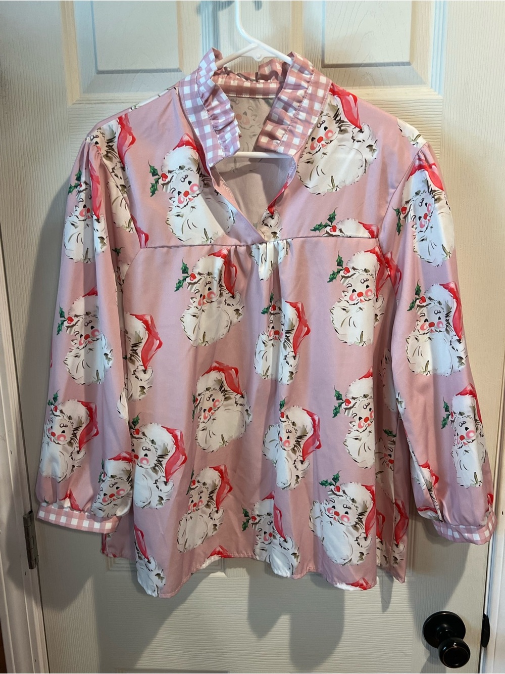 Women's Pink Santa Print Ruffle-Collar Blouse